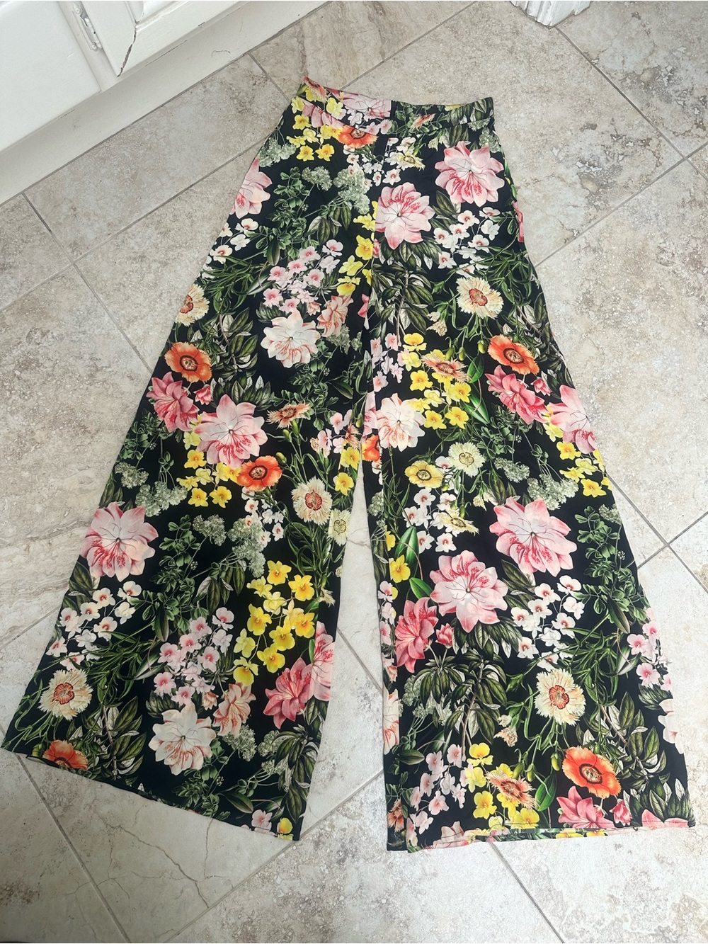 NICHOLAS Black Wide-Leg Floral Palazzo Pants with Pink & Yellow Blooms 100% Silk
